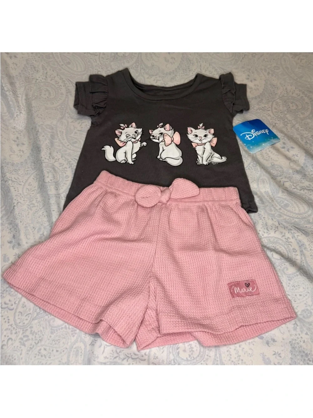 Disney The Aristocats Marie Dark Gray Tee with Pink Waffle Knit Shorts Set